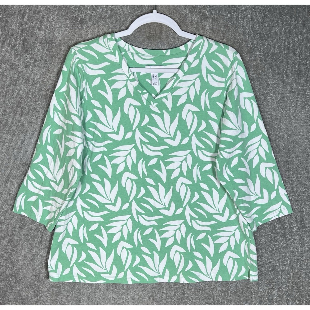 Denim & Co D&Co Perfect Jersey Top Womens Size Large Green White VNeck Stretch